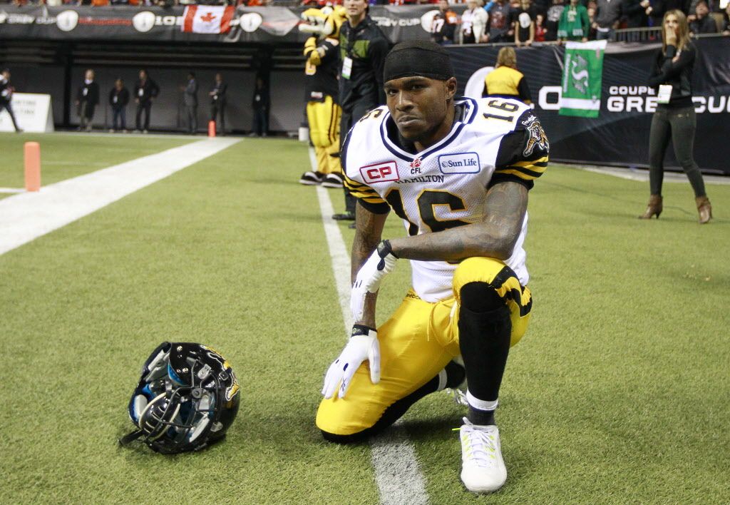 VANCOUVER, BC - NOVEMBER 30:  A disappointed Brandon Banks #16 of the Hamilton Tiger-Cats reacts during the loss to the Calgary Stampeders in the 102nd Grey Cup Championship Game at BC Place November 30, 2014 in Vancouver, British Columbia, Canada.  Calgary won 20-16. (Photo by Jeff Vinnick/Getty Images)