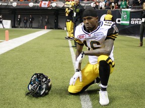 VANCOUVER, BC - NOVEMBER 30:  A disappointed Brandon Banks #16 of the Hamilton Tiger-Cats reacts during the loss to the Calgary Stampeders in the 102nd Grey Cup Championship Game at BC Place November 30, 2014 in Vancouver, British Columbia, Canada.  Calgary won 20-16. (Photo by Jeff Vinnick/Getty Images)