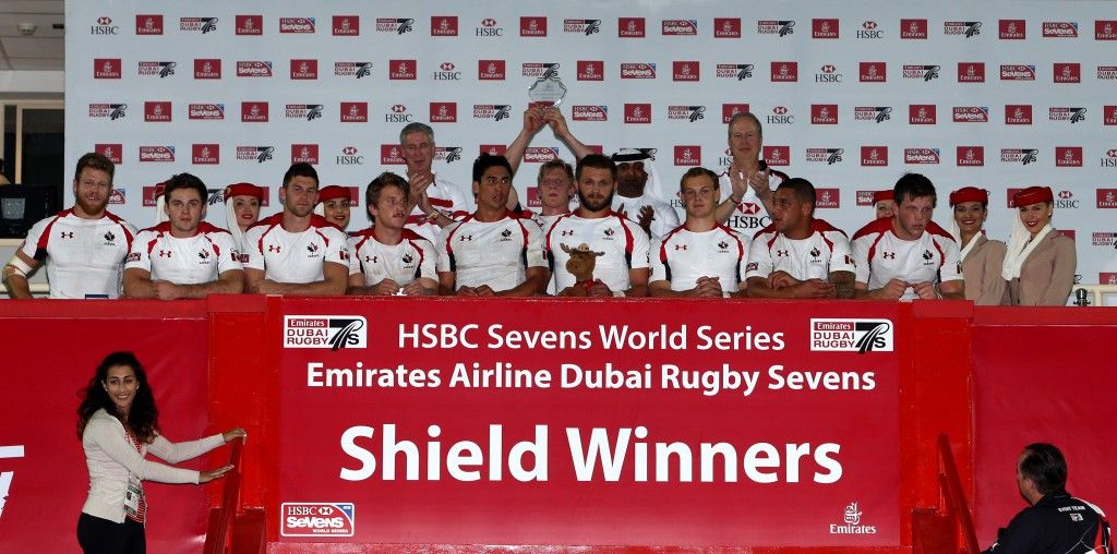 DUBAI, UNITED ARAB EMIRATES - DECEMBER 06:  Canada celebrate winning the shield Final of the Emirates Dubai Sevens - HSBC Sevens World Series at The Sevens Stadium on December 6, 2014 in Dubai, United Arab Emirates.  (Photo by Warren Little/Getty Images)