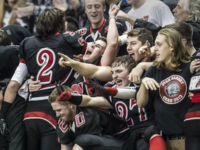 John Barsby Bulldogs celebrate a repeat Subway Bowl B.C Double A title Saturday at BC Place (Steve Bosch, PNG)