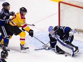 Giants winger Jackson Houck tries to sneak one past Royals goalie Coleman Vollrath earlier this season. Houck, who missed the last three Vancouver games prior to the holiday break with a lower body injury, practised with the team Friday and could play Saturday in Everett. (Photo by Ben Nelms/Getty Images)