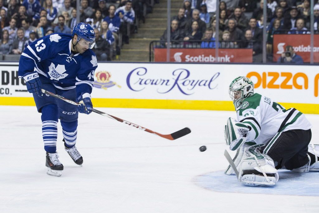 Toronto Maple Leafs' Nazem Kadri's shot is stopped by Dallas Stars goaltender Kari Lehtonen during second period NHL hockey action in Toronto on Tuesday December 2, 2014. THE CANADIAN PRESS/Chris Young