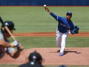 Blue Jays right-hander Marcus Stroman, facing Tigers slugger Miguel Cabrera here, is part of the Vancouver Canadians Hot Stove Luncheon on Jan. 23.  (Photo by Tom Szczerbowski/Getty Images)