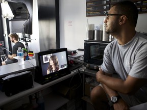 Director Mazi Khalighi on set of The Date. On the monitor is actor Katie Boland.