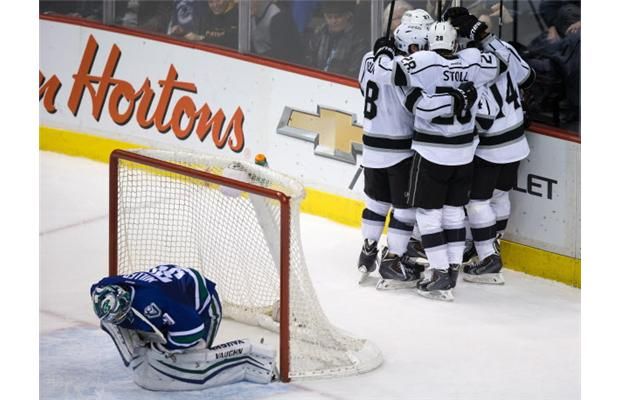 The King celebrate Justin Williams' game-tying goal Thursday night. (Canadian Press photo.)