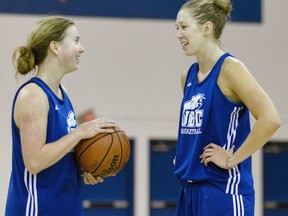 After transferring to UBC from Boise State in the offseason, Diana Lee (left) enjoys a moment on the practice court with fifth-year ‘Birds standout and ex-high school teammate Kris Young. (Wilson Wong, UBC athletics)