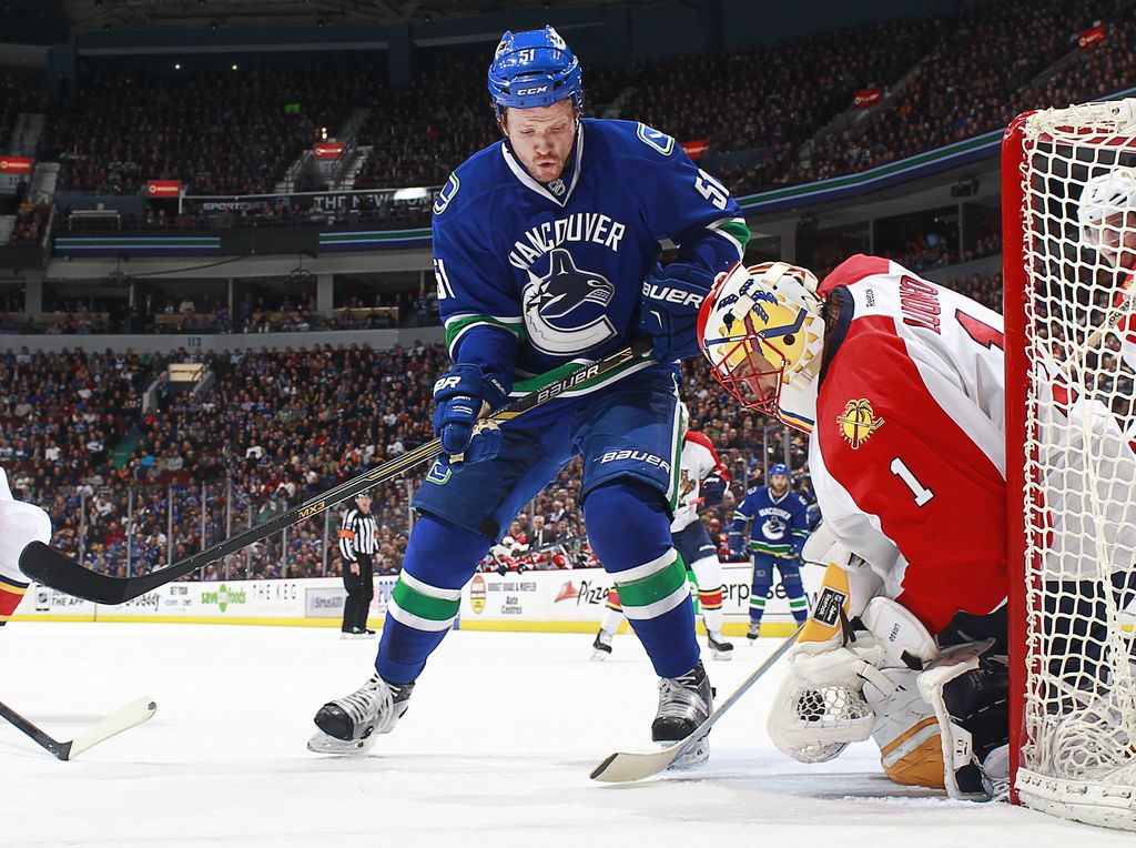 Roberto Luongo the Florida Panthers makes a save in front of Derek Dorsett of the Vancouver Canucks Thursday. (Photo by Jeff Vinnick/NHLI via Getty Images)