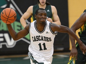 Fraser Valley Cascades’ guard Kevon Parchment (11) looks to push the ball down court in a recent game against Franck Olivier Kouagnia and the rest of the UNBC Timberwolves. The Cascades, who face Calgary’s Mt. Royal Cougars on Friday and Saturday in Abbotsford, have won 22 straight Canada West conference games. (Photo — Dan Kinvig, Fraser Valley athletics)