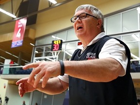 SFU women's basketball head coach Bruce Langford on a night when he became the program's winningest coach following a victory over Western Oregon. (Ron Hole, SFU athletics)