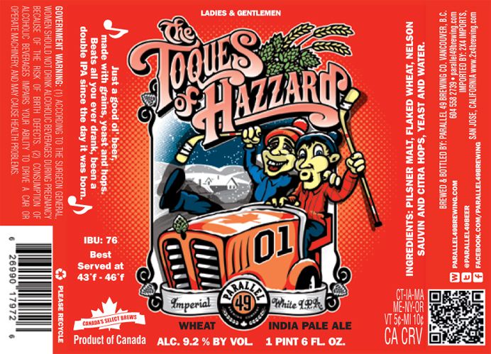 Parallel 49 Toques of Hazzard label, craft beer Vancouver BC