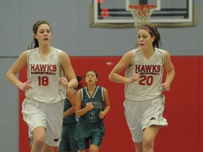 Alicia (18) and Cierra Roufosse (20) of the WJ Mouat Hawks, pictured in action at the 2014 Top 10 Shoot-Out. (PNG photo)