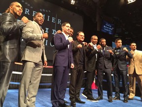 The young group of boxers featured on NBC's new Primetime boxing series stand with legends, Tommy Hearns, Sugar Ray Leonard and Roberto Duran. From left to right: Keith Thurman, Adrien Broner, Danny Garcia, Hearns, Duran, Leonard, Lamont Peterson, John Molina and Robert Guerrero.