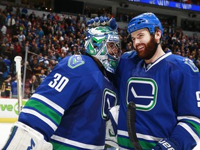 Canucks teammates Ryan Miller and Zack Kassian get to go against their former Sabres team tonight. (Photo by Jeff Vinnick/NHLI via Getty Images)