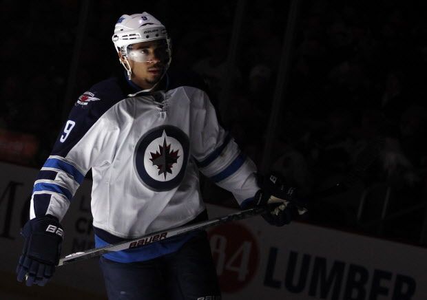 PITTSBURGH, PA - JANUARY 27:  Evander Kane #9 of the Winnipeg Jets skates during introductions before the game against the Pittsburgh Penguins  at Consol Energy Center on January 27, 2015 in Pittsburgh, Pennsylvania.  (Photo by Justin K. Aller/Getty Images)