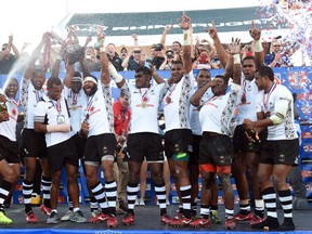 LAS VEGAS, NV - FEBRUARY 15:  Fiji players celebrate after winning the Cup Final match 35-19 over New Zealand during the USA Sevens Rugby tournament at Sam Boyd Stadium on February 15, 2015 in Las Vegas, Nevada.  (Photo by Ethan Miller/Getty Images)