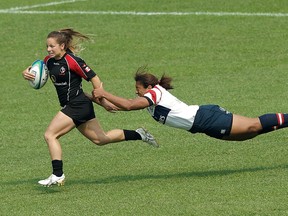 Ashley Steacy, here last year playing vs. the USA, will lead Canada this weekend at the Canada Sevens tournament in Langford, B.C.  (Photo by Lintao Zhang/Getty Images)