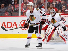 Adam Clendening, shown back in his days with the Blackhawks, is expected to make his first start with the Canucks this afternoon versus Minnesota. (Getty Images Files.)