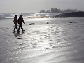 A couple are silhouetted with a tilt shift camera lens as they walk along the Beach in Pacific Rim National Park near Tofino, B.C.