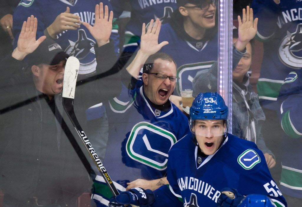 Vancouver Canucks' Bo Horvat celebrates his goal against the Minnesota Wild during the third period of an NHL hockey game in Vancouver, B.C., on Monday February 16, 2015. THE CANADIAN PRESS/Darryl Dyck