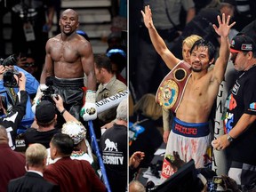 Boxing pound-for-pound king Floyd Mayweather, left, will finally do battle with Manny Pacquiao, right, on May 2nd. Photo: John Gurzinski / AFP / Getty