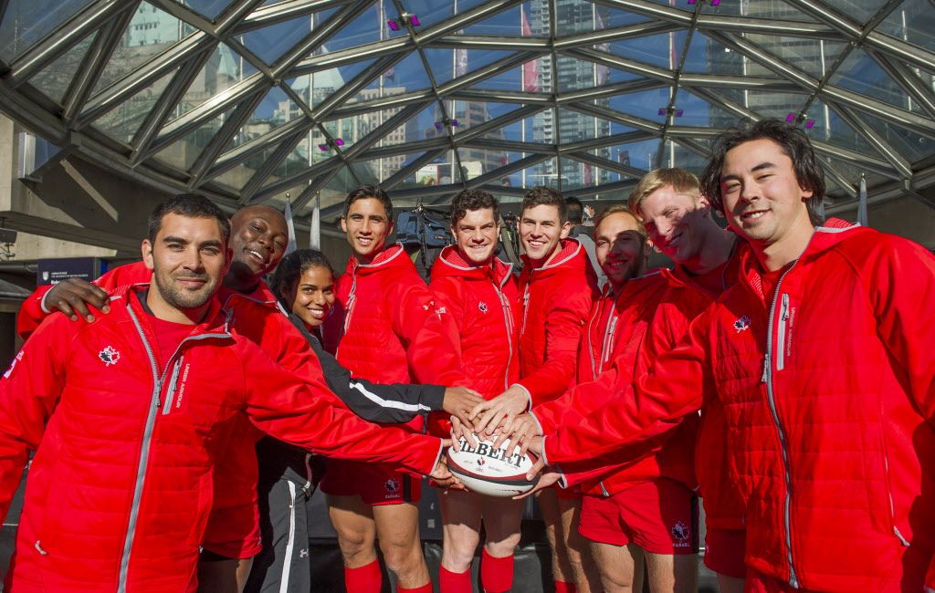 VANCOUVER,BC:FEBRUARY 23, 2015 -- Canadian Rugby Sevens along with Magali Harvey poses for a photo after a press conference announcing that Vancouver, BC will be a stop in The World Rugby Sevens Series in 2016, February, 23, 2015. (Richard Lam/PNG) (For ) 00034981A [PNG Merlin Archive]