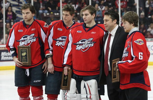 Windsor, ONT.: JANUARY 6, 2011. --  Windsor Spitfire manager Warren Rychel poses with members of the team who participated in the world junior tournament recently. Pictured from left, Thursday, January 6, 2011, at the WFCU Centre in Windsor, Ont. are Zack Kassian, Jack Tom Kuhnhackl, Jack Campbell, Rychel and Ryan Ellis. (DAN JANISSE / The Windsor Star)