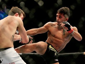 Sergio Pettis Matt Hobar  in their fight during the UFC 181 event at the Mandalay Bay Events Center on December 6, 2014 in Las Vegas, Nevada.