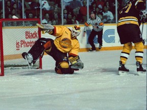 February 14, 1989. Canucks  vs. Boston  " King Kirk. Making a save in a recent game, goalie Kirk McLean says he's playing his best hockey since joining the Canucks in September 1987. Negative # 89-7214. Rick Loughran / The Province [PNG Merlin Archive]