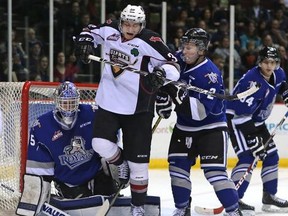 Matt Bellerive tries to score from a sharp angle against Victoria on Friday. (Chris Relke, Vancouver Giants photo.)