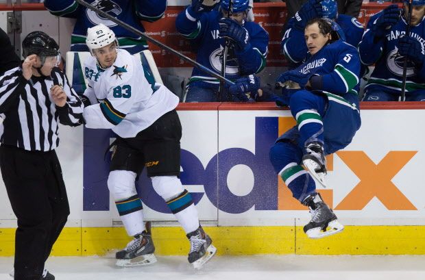 San Jose Sharks' Matt Nieto (83) checks Vancouver Canucks' Luca Sbisa, of Switzerland, during the third period of an NHL hockey game in Vancouver, B.C., on Tuesday March 3, 2015. THE CANADIAN PRESS/Darryl Dyck