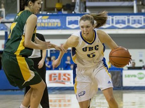 UBC’s Kris Young, pictured during Friday’s 72-59 Canada West conference semifinal win over Alberta, came back to score the winning bucket in a championship final victory over the Saskatchewan Huskies on Saturday at War Memorial Gym. (Bob Frid, UBC athletics)