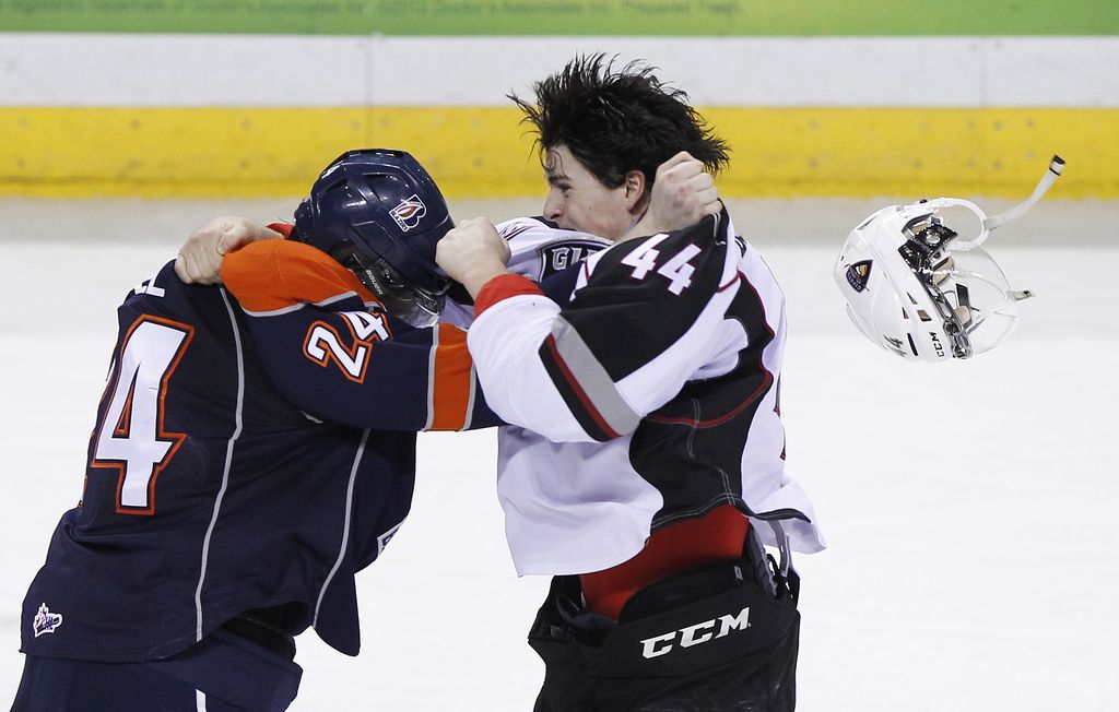 Vancouver defenceman Mason Geertsen has always had a physical aspect to his game, like Kamloops' Ryan Rehill found out in this 2014 scrap. Geertsen developed his offensive game this season and is hoping to sign an entry-level contract with the Colorado Avalanche in the coming days. (Getty Images File.)