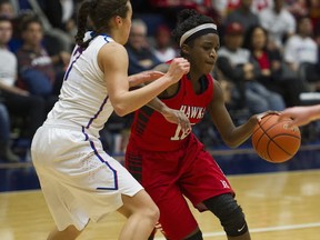 Penielle M'Bikata of the Mouat Hawks tries to drive past Aislinn Konig of the Brookswood Bobcats in Saturday's BC senior girls Triple A final at the LEC. (Gerry Kahrmann, PNG photo)