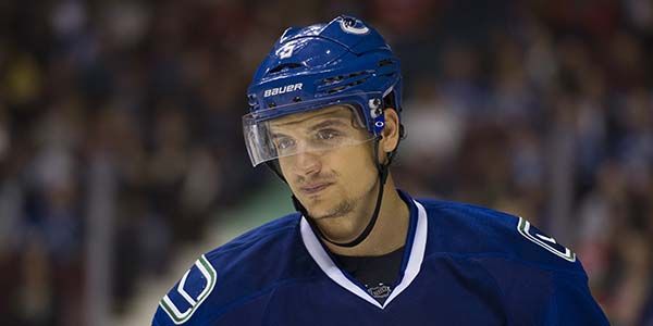 VANCOUVER September 26 2014. Vancouver Canucks #5 Luca Sbisa on thrice during a break in play against the Calgary Flames in the second period of a preseason NHL hockey game at Rogers Arena, Vancouver September 26 2014.   Gerry Kahrmann  /  PNG staff photo) ( For Prov / Sun Sports ) 00031988A [PNG Merlin Archive]