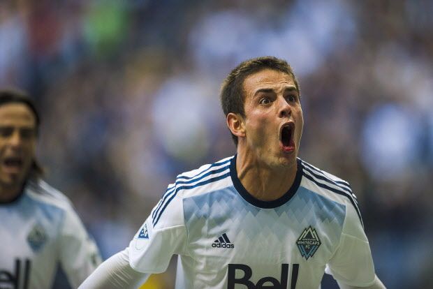 Vancouver FC forward Octavio Rivero (29) celebrates his goal against Toronto FC during the first half of an MLS soccer game in Vancouver, B.C., on Saturday, March 7, 2015. THE CANADIAN PRESS/Jimmy Jeong