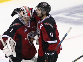 Payton Lee and Dalton Sward celebrate a Vancouver Giants' win earlier this season. Vancouver's current struggles coincide with Sward, the team captain, being on the shelf with a hand injury.
(Photo by Ben Nelms/Getty Images)