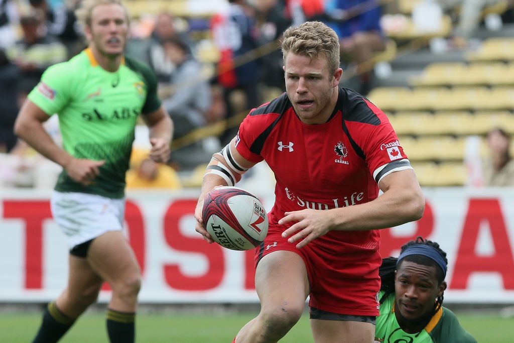 Conor Trainor was solid ball runner for Canada on day one in Tokyo and scored the crucial try that sent Canada into the quarterfinals.  (Photo by Ken Ishii/Getty Images for TOSHIBA CORPORATION)