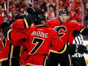 Flames D-man T.J. Brodie had a huge game in Calgary's 7-4 win that eliminated the Canucks from the playoffs. (Photo by Gerry Thomas/NHLI via Getty Images)