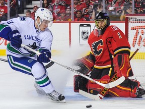 Calgary netminder Jonas Hiller foils Vancouver centre Bo Horvat in Game 3 of their playoff series. (Getty Images.)