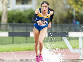 UBC’s Maria Bernard achieved a pair of automatic berths to the upcoming NAIA track and field championships at Friday s Thunderbird Invitational, including in the 3,000-metre steeplechase where her time (10:15.6) also helped her qualify for this summer’s World University Games in South Korea. (Wilson Wong, UBC athletics)