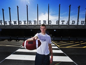 New UBC Thunderbirds' quarterback Michael O'Connor stands in front of his new gridiron home on the Point Grey campus. (Richard Lam, UBC athletics)