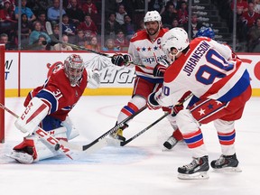 Carey Price stops a shot by Marcus Johansson with Alex Ovechkin waiting on the doorstep Thursday. (Photo by Francois Lacasse/NHLI via Getty Images)