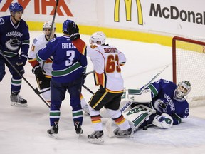 Funny how Sam Bennett, the Flames best player against the Canucks in game 1, was the man involved in the game-winning screen. (Mark van Manen /PNG)