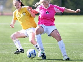 The Stelly's Stingers (left) are the new No. 1-ranked team in BC girls Triple A high school soccer. (Victoria Times-Colonist)