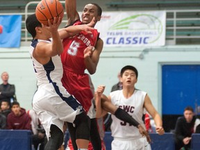 Holy Cross Crusaders’ Taylor Browne averaged 31 points per game over his senior season, but the UBC-bound combo-guard also managed almost two blocks per games as well. He finishes his high school career Sunday in the B.C. high school all-star game in Langley. (Photo — Wilson Wong, UBC athletics)