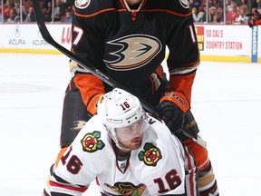 ANAHEIM, CA - JANUARY 30:  Ryan Kesler #17 of the Anaheim Ducks looks on while on top of Marcus Kruger #16 of the Chicago Blackhawks on January 30, 2015 at Honda Center in Anaheim, California. (Photo by Debora Robinson/NHLI via Getty Images)