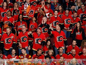 Fans react to a no-goal decision during the game between the Calgary Flames and the Anaheim Ducks at Scotiabank Saddledome Tuesday. (Gerry Thomas, NHL/Getty Images)