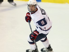 Auston Matthews of USA White skates against Team Sweden during the 2014 USA Hockey Junior Evaluation Camp at the Lake Placid Olympic Center.  (Photo by Bruce Bennett/Getty Images)