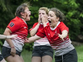 Brentwood College players are overcome with joy following B.C. girls Double A championship win Saturday over Abbotsford in North Vancouver. (Steve Bosch, PNG)