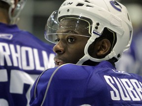 Vancouver Canucks prospect Jordan Subban awaits his turn during practice drills at the Youngstars Tournament in Penticton on Saturday September 13, 2014. (Ted Rhodes/Calgary Herald)